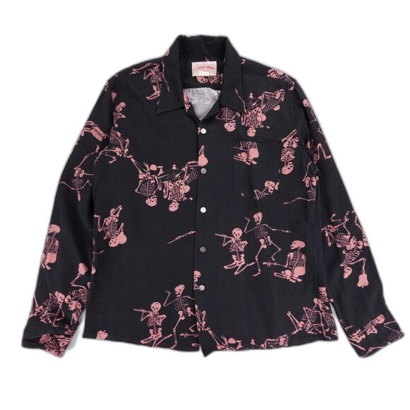 LABOUR UNION 1986 Long Sleeve Button Down Shit Novelty Skeleton Print Black - Picture 1 of 7